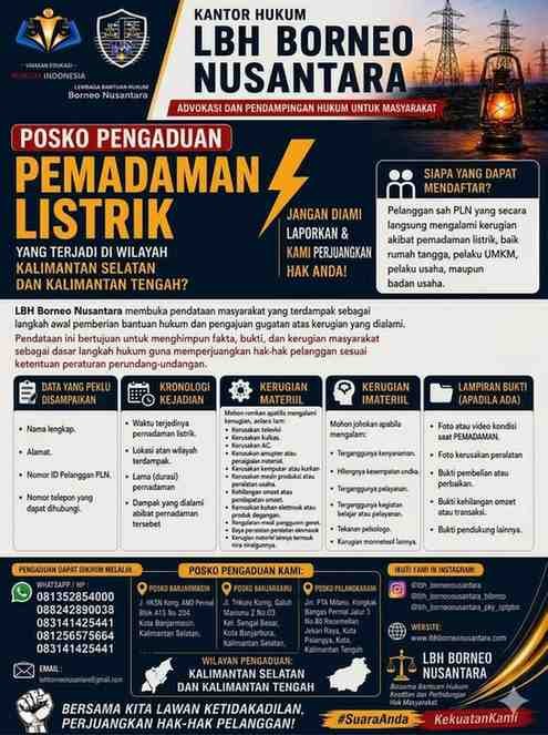 LBH Borneo Nusantara Resmi Membuka Posko Pengaduan Pemadaman Listrik Di Kalimantan Selatan Dan Kalimantan