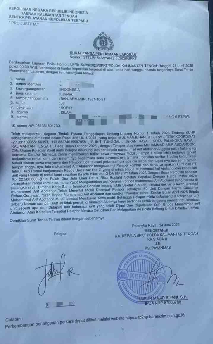 Dugaan Indikasi Keterlibatan Oknum Aparat Gelapkan Puluhan Unit Mobil Korban Lapor Polda Kalteng